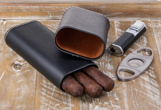 3 Cigar Black Leather Case